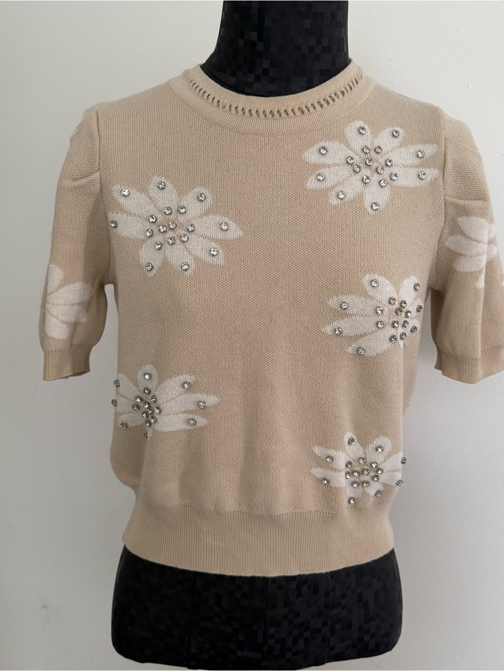 Nanette Lepore Short Sleeve Rhinestone Floral Sweater